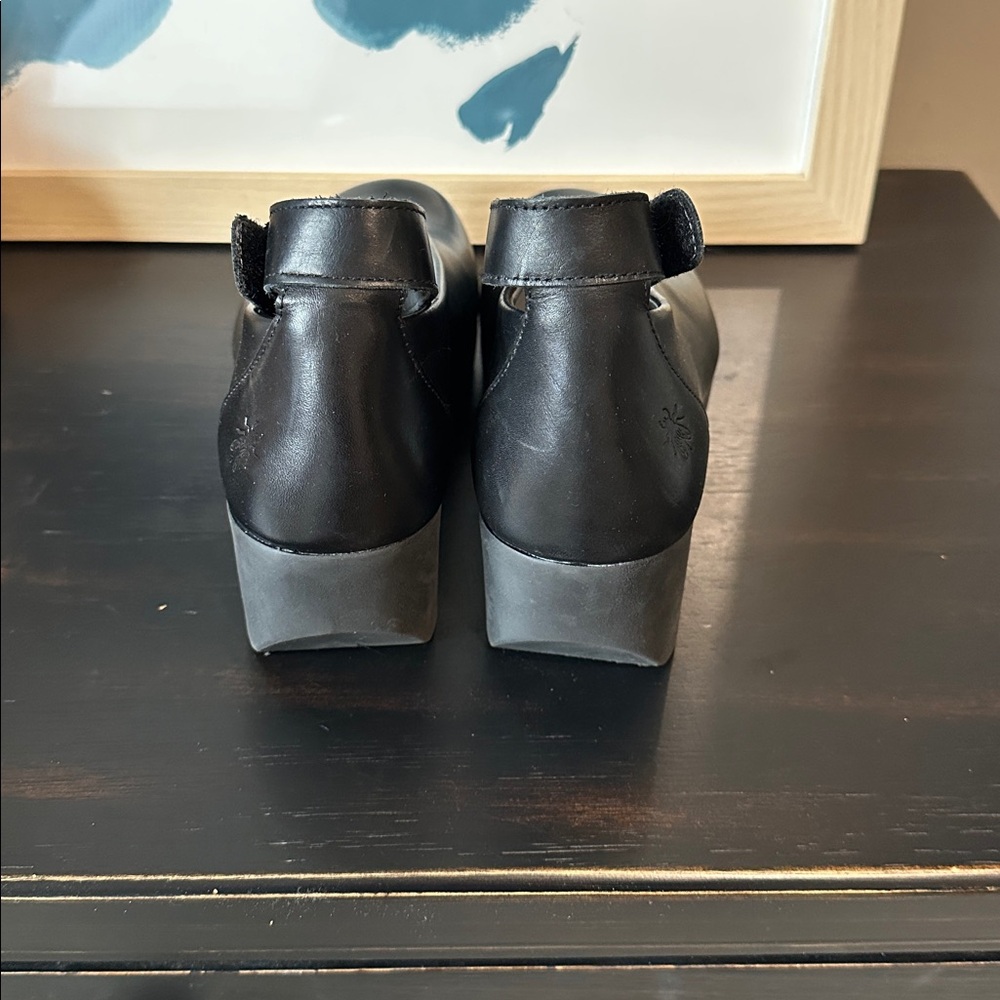 Fly London Black Leather Ankle Strap Platform Wedges - Picture 4 of 8